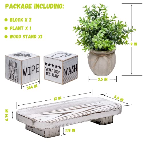 Funny Bathroom Decor Signs Wooden Blocks with Plant & Tray - Rustic Farmhouse Toilet Decor