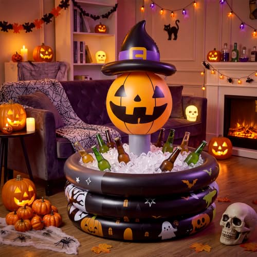 Bright Color Pumpkin with Witch Hat Inflatable Cooler for Halloween Party - Reusable Floating Ice Chest