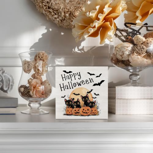 Happy Halloween Cat Pumpkin Wooden Sign - Fall Desk Decor, 5x5 Inch, Happy Cat Variation