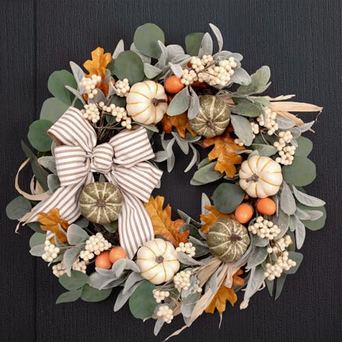 20-Inch Fall Wreath with Lights - Eucalyptus Pumpkins Autumn Decor