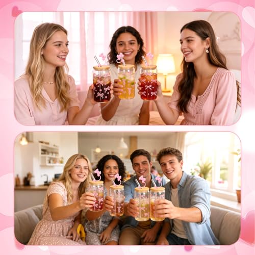 Pink Bow Glass Cups Set with Lids Straw Covers - 6 Piece Gift Set - Pink Bow Variation