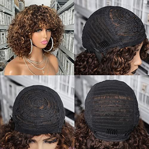 IMAYLI Curly Bob Wig with Bangs 10inch Short Curly Wigs for Black Women Human Hair 180% Density Glueless Water Wave Brazilian Hair wigs None Lace Front Wig P4/30