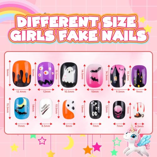 Kids Press On Nails Set with Halloween Pattern - 144 Fake Nail Tips for Girls, Short & Full Cover
