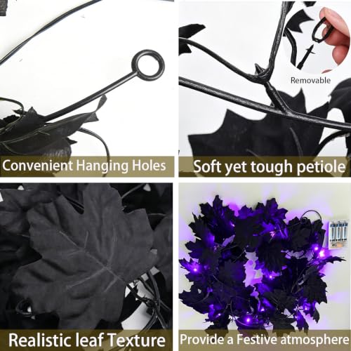 Halloween Decor Black Maple Leaf Garland with Purple LED String Lights - 6.5Ft, Battery Operated, Spooky Home Accent