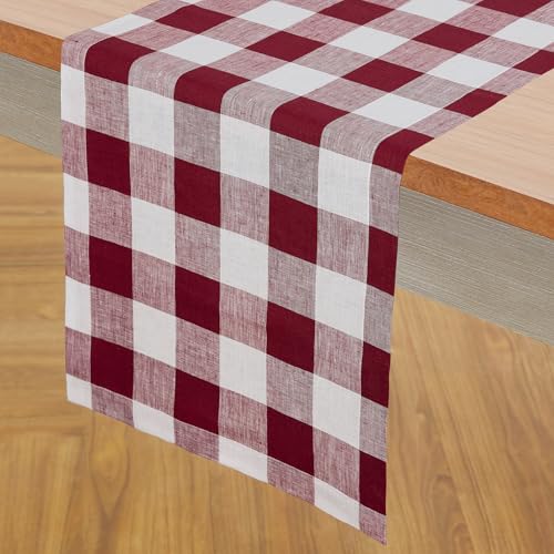 Burgundy & White Check Linen Table Runner 14 x 120 Inches - Handmade, OEKO-TEX Certified