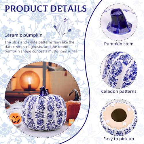 Blue and White Ceramic Pumpkin Decoration with Circular Pattern - 8 Inch