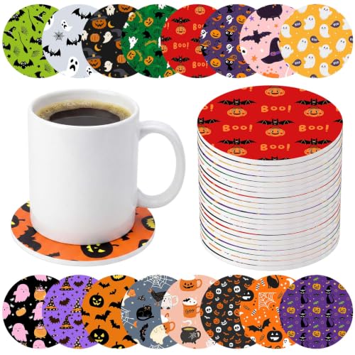Halloween Coasters Set - 16 Spooky Ghost Pumpkin Bat Skull Drink Mats - Non-Slip 4 Inch Round PVC Party Supplies