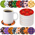 Halloween Coasters Set - 16 Spooky Ghost Pumpkin Bat Skull Drink Mats - Non-Slip 4 Inch Round PVC Party Supplies