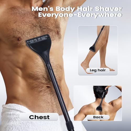 ETbyto Back Shaver for Men - Retractable Long Handle Back Hair and Body Shavers,Replaceable Multi-Layer Double Blades（8PCS）, Ergonomic DIY Wet or Dry Shaving Solution - Black