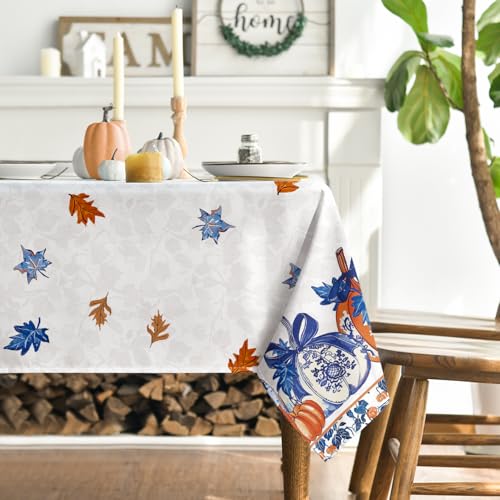 Fall Tablecloth 60 x 84 Inch Rectangular Blue & Orange Porcelain Pattern