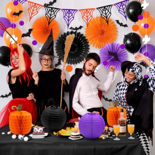 Halloween Party Decorations Set - Orange, Black & Purple Festive Decor - Includes Fans, Lanterns & Web Flags - Halloween