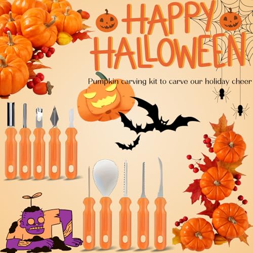 Pumpkin Carving Kit with 10 Heavy Duty Stainless Steel Tools & Carrying Case - Halloween Decoration