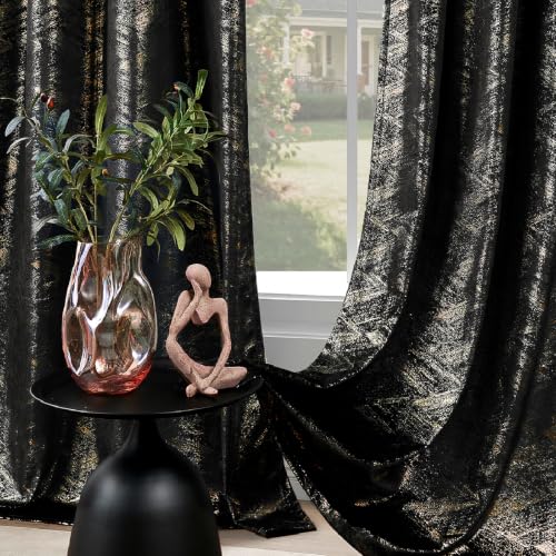 Black and Gold Velvet Curtains for Living Room - 52W x 96L, Pack of 2, Grommet Top