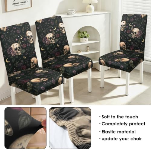Halloween Skull Chair Covers Set of 6 - Gothic Floral Dining Protectors for Holiday Decor
