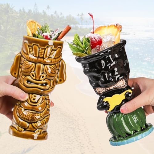 Ceramic Tiki Mug Set - Large Hawaiian Zombie Cocktail Tumblers - 4 Pack