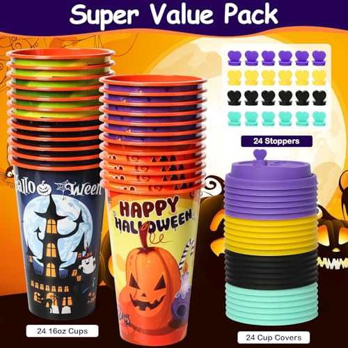 Halloween Party Cups Set - 24 Reusable Plastic Cups with Lids & Plugs, 16oz Spooky Designs
