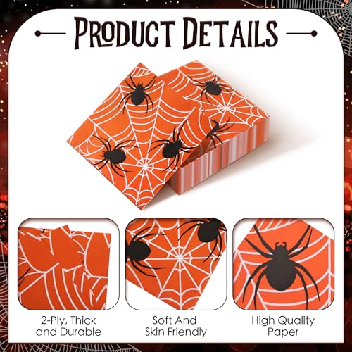 Halloween Spider Web Napkins - Orange 100 Pack, 6.5 x 6.5 Inch 2-Ply Paper
