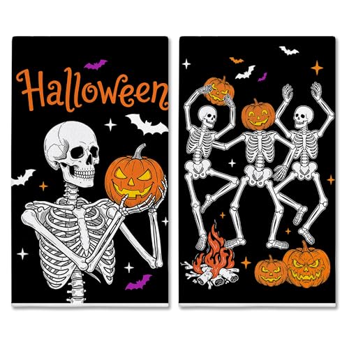 Hexagram Halloween Skeleton Kitchen Towels - Black 18x28 Inch Set of 2