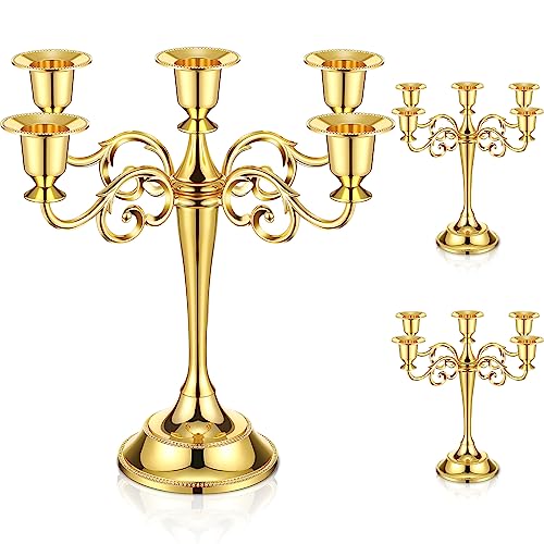 Gold 3-Piece 5-Arm Metal Candelabra - 10.24 Inch Tall Elegant Candle Holders