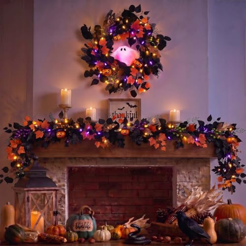 Halloween Ghost Wreath with Lights 20 Inch Front Door Decor - Spooky & Playful