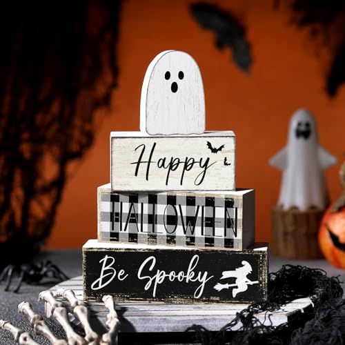 Halloween Ghost Tiered Tray Decorations - Farmhouse Wooden Sign Set