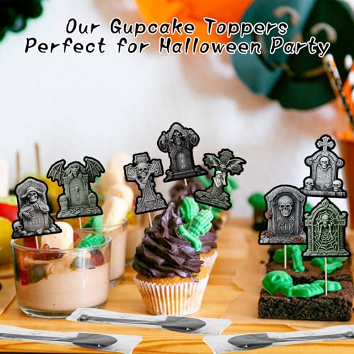 Halloween Cupcake Toppers with Tombstone & Shovel Spoons - Graveyard Cake Decorations, 48 Pieces