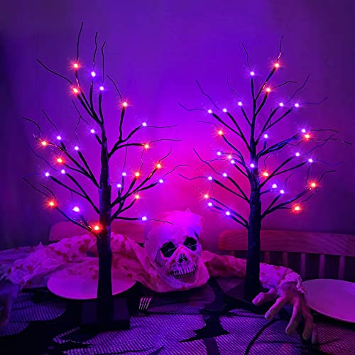 2 Pack 24-Inch Orange & Purple Light Halloween Trees - DIY Bendable Branches