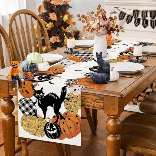 Halloween Pumpkin Table Runner 13x72 Inch Black Cat Bat Fall Decor for Dining Table