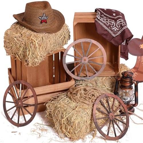 9 Pack Rustic Hay Bale & Wooden Wheel Farm Decor Set - Western Style, Lightweight