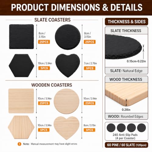 Unfinished Slate and Wood Coaster Set for DIY Crafts - 120 Pcs