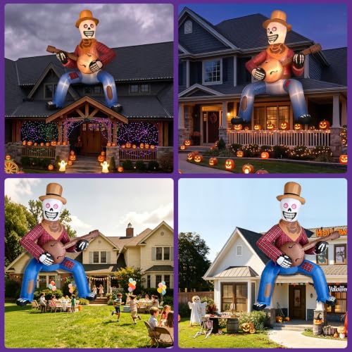 12FT Outdoor Inflatable Skeleton Cowboy with Banjo LED Lights - Halloween Yard Decor - Variation: Brown Cowboy
