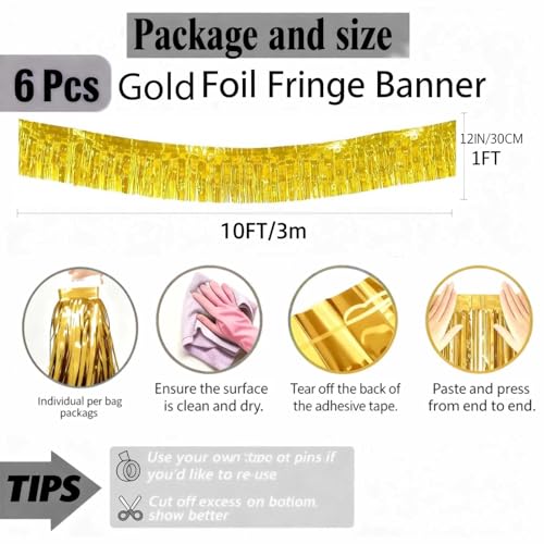 Gold Wall Hanging Tinsel Fringe Banners - 12 Inch x 10 Ft, 6 Pack Party Decor