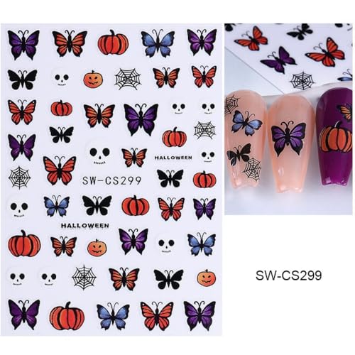 Halloween Nail Stickers Spider Web Bat Pumpkin Butterfly 4 Sheets Color-21