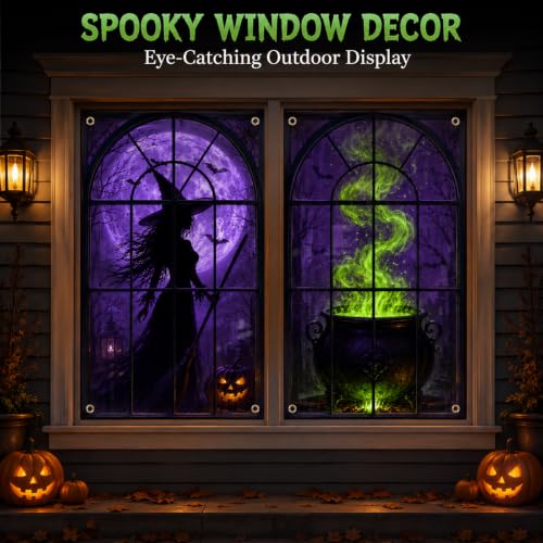 Halloween Window Covers Set - Witch & Cauldron Night Scene, 2 Pack, 31.5 x 47.2 Inches - Witch Variation