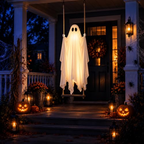 Large Outdoor Hanging Ghost Decoration with Swing, Lighted Halloween Yard Decor