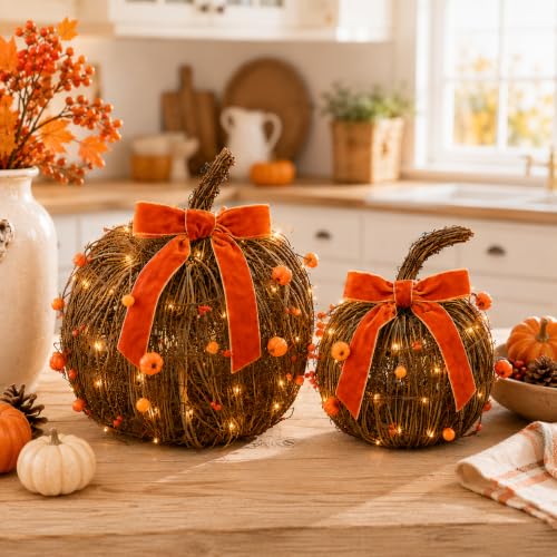 Lighted Fall Pumpkin Decor Set - Rattan Pumpkins with Velvet Bows, 2 Pack