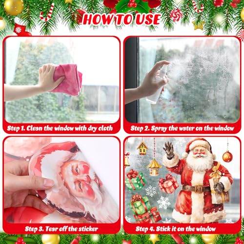 Christmas Window Clings Set - 4 Sheets Large Santa Snowman Holiday Decals for Glass & Mirrors