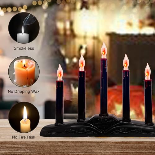 Black 5-Light Electric Window Candles with Flickering Flame Bulbs for Halloween Decor