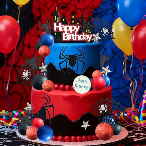 Spider Cake Topper Set - Blue-Red Halloween & Birthday Party Decorations