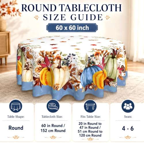 Yellow and Blue Fall Round Tablecloth 60 Inch Autumn Pumpkin & Maple Leaf Decor