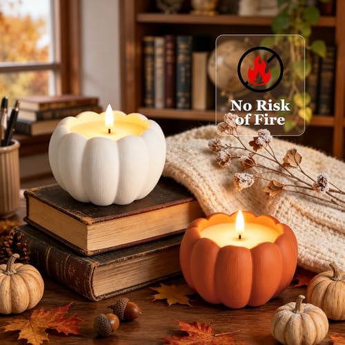 Terracotta Flameless Pumpkin Candle - Plaster Orange Fall Decor 2Pc