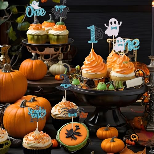 Halloween Spooky First Birthday Cupcake Toppers - Blue, Glitter, 48Pcs