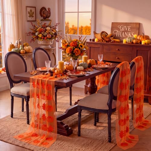 Pumpkin Embroidered Fall Table Runner Set - 3 Pieces, 10 ft Mesh Decor