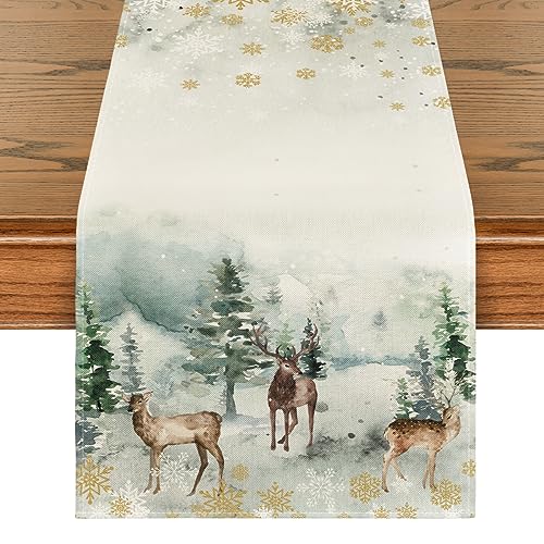 Green Deer Tree Christmas Table Runner 13x72 Inches Decor for Holiday & Party