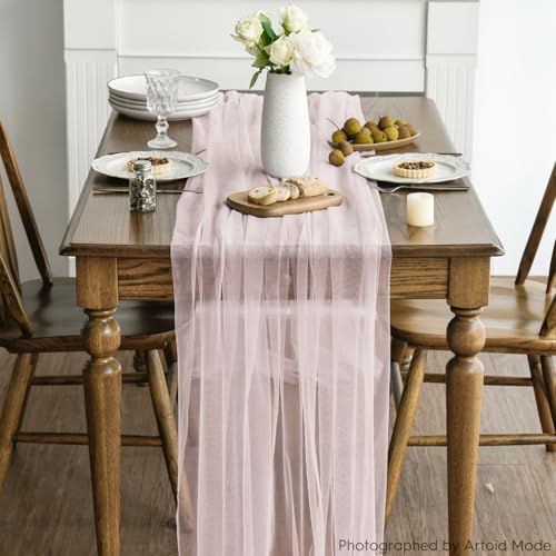 6PCS Blushing Pink Gauze Table Runner Set - 59 x 120 Inch for Holiday & Event Decor