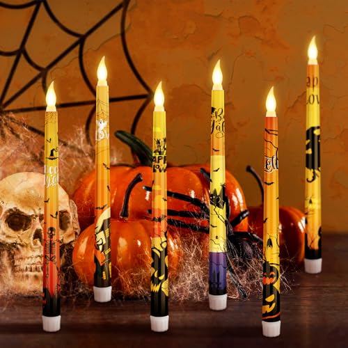 Orange Halloween Flameless Taper Candles Set of 6 - 3D Wick LED Candles