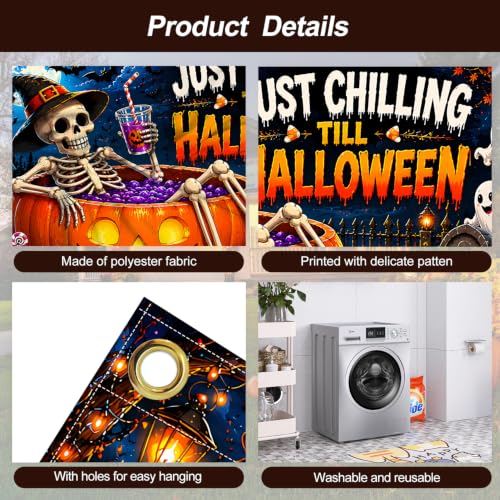 Halloween Garage Door Banner 7x16ft - Just Chilling Till Halloween Outdoor Decor - Ghost & Skeleton Pumpkin Double Garage Cover - Variation 255