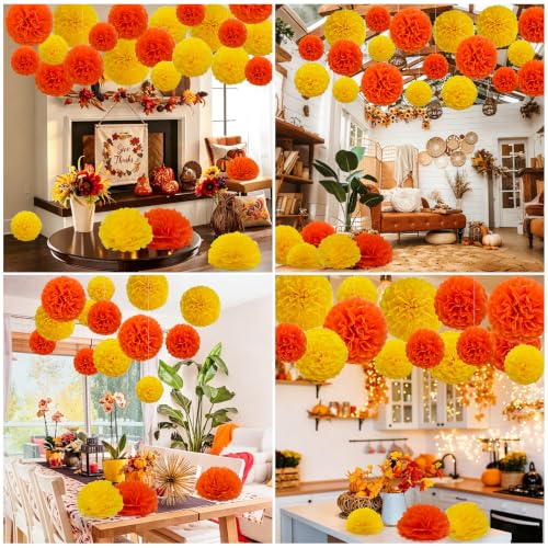 Yellow and Orange Party Pom Poms - 18 Pcs Tissue Paper Decorations