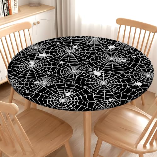 Halloween Spider Web Round Fitted Tablecloth 44 Inch Waterproof & Stain-Resistant