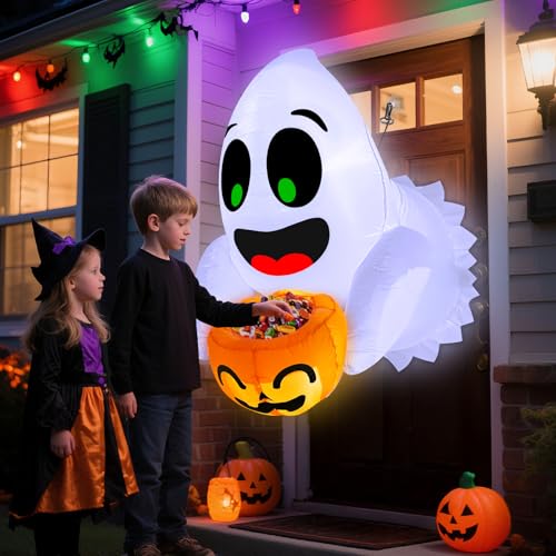 3.5 Ft Halloween Inflatable Ghost with Candy Bucket & LED Lights Outdoor Decor